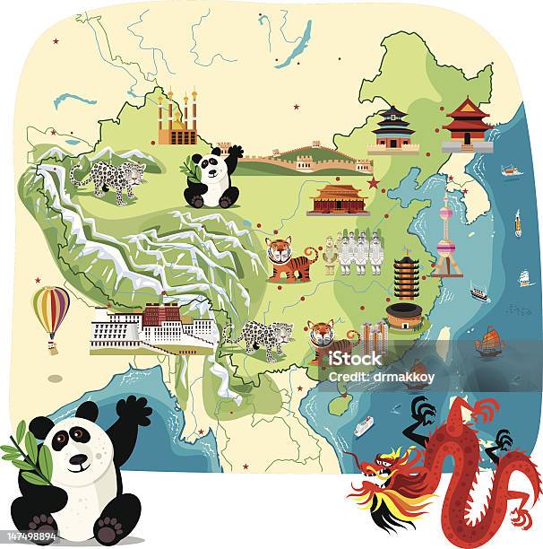 Мультяшный Карта Китай — стоковая векторная графика и другие изображения на тему Гонконг - Гонконг, Великая китайская стена, Гора