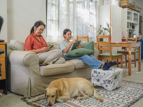Happy Asian teenage daughter and mother using smart phone and digital tablet for online banking or video call while setting on sofa in living room while dog lying down on the ground, Family spending time together at home, People lifestyle technology working with mobile digital devices