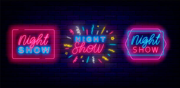 istock Night show neon labels collection. Dusk performance flyer. Luminous advertisings. Vector stock illustration 1474989960