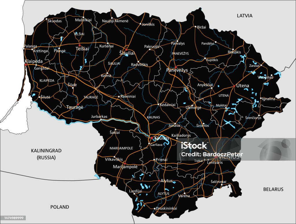 Lithuania Postcode Examples High Detailed Lithuania Road Map With Labeling Stock Illustration ...