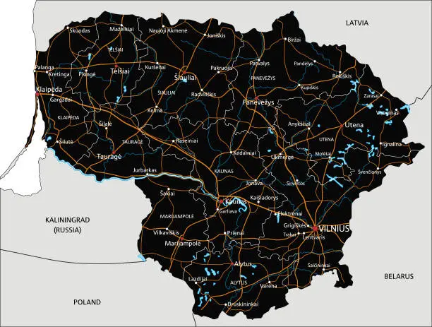 Vector illustration of High detailed Lithuania road map with labeling.