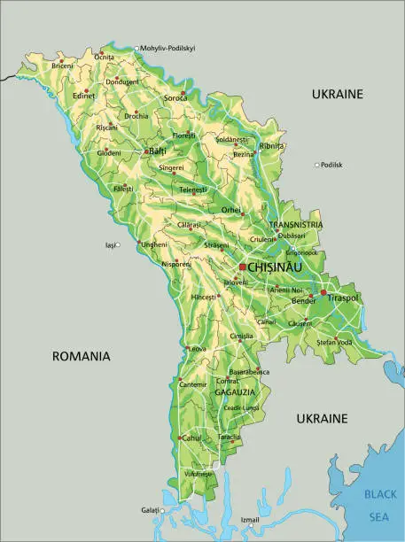 Vector illustration of Highly detailed Moldova physical map with labeling.