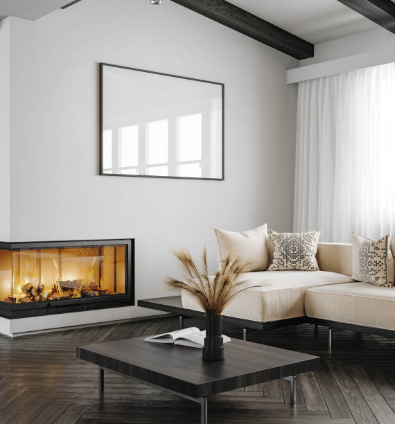 istock Mock up poster in modern home interior with fireplace, Scandinavian style 1474990064