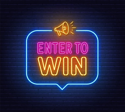 Enter To Win neon sign in the speech bubble on brick wall background