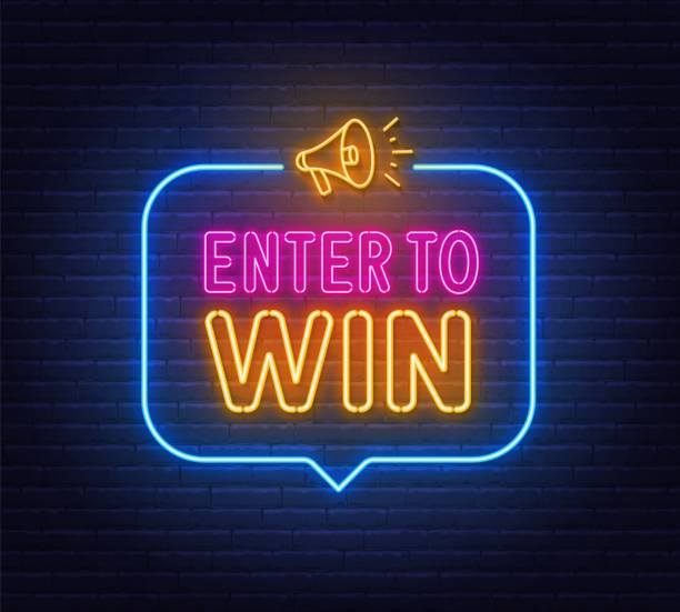 Enter To Win neon sign in the speech bubble on brick wall background. Enter To Win neon sign in the speech bubble on brick wall background quotes about winning stock illustrations