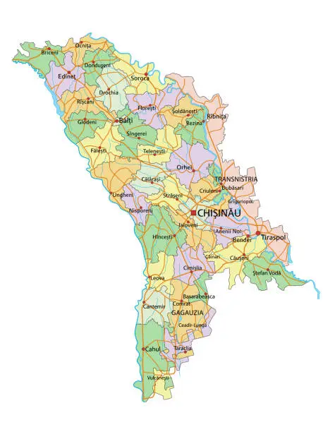 Vector illustration of Moldova - Highly detailed editable political map with labeling.
