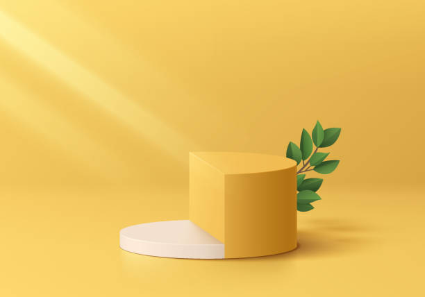 緑の葉を持つ3dリアルな白と黄色の円柱台座表彰台の背景。夏のミニマルウォールシーンモックアップ製品ステージショーケース、バナープロモーションディスプレイ。抽象的なベクター幾� - semi soft点のイラスト素材／クリップアート素材／マンガ素材／アイコン素材