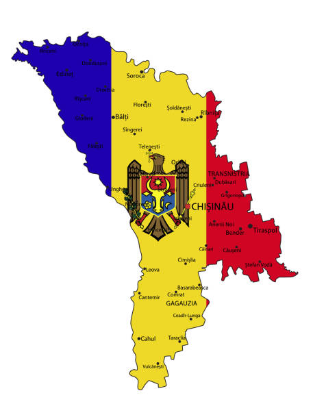 ilustraciones, imágenes clip art, dibujos animados e iconos de stock de mapa político altamente detallado de moldavia con bandera nacional. - moldavia