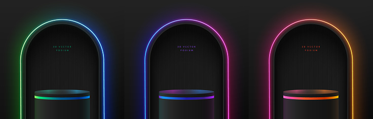 Set of 3D realistic black cylinder podium in arch gate red, green, blue, yellow neon light background. Wall minimal scene, mockup product stage showcase, promotion display. Abstract vector empty room.