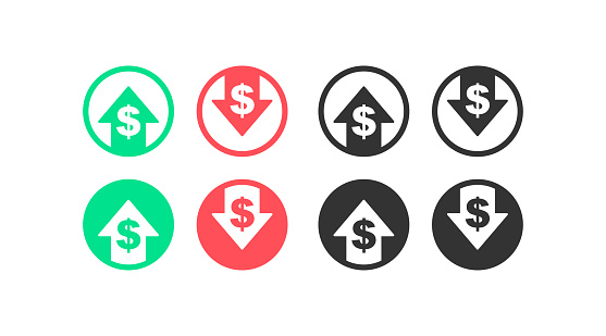 Dollar increase and decrease icon. The rise and fall of the dollar vector desing.