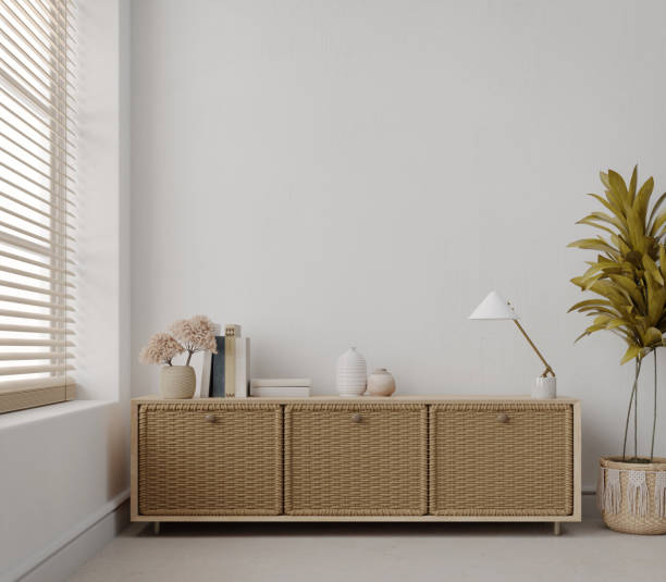 istock Wall mockup boho style interior with drawer and plant.3d rendering 1474993743