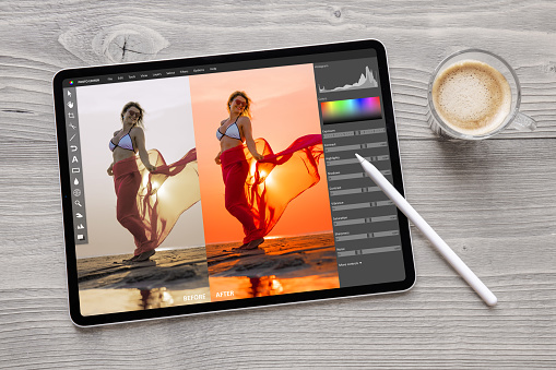 Photo editing on digital tablet, before and after photos after color correction