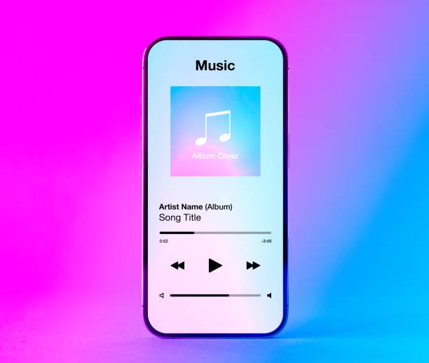 Sample interface of music player app on mobile phone stock photo
