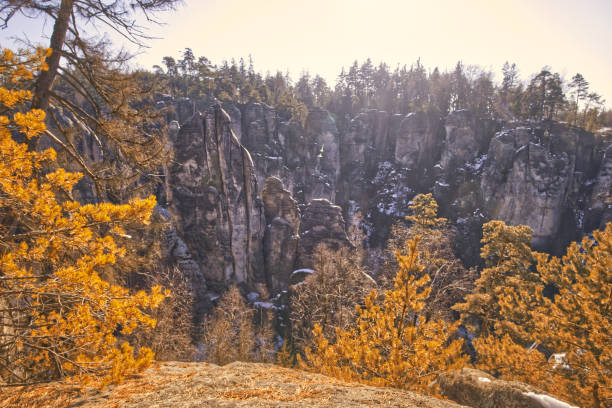 Sandstone rock formations at Prachov rocks in Cesky Raj region, Czech Republic stock photo