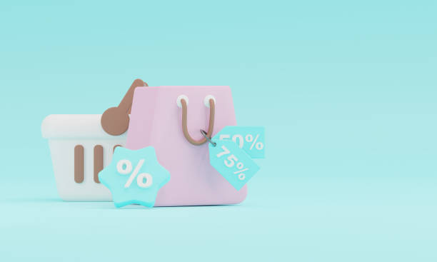 istock 3d render Shopping basket with percent symbol on blue background. 1474996728