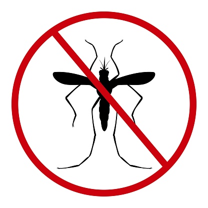 Anti mosquito icon. Stop insect. Bloodsucker control. Prohibited sign. Crossed circle. Forbidden gnat. Repellent spray. Danger or warning symbol. Silhouette flying bug. Vector illustration tidy design