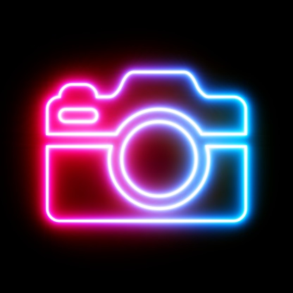 3d rendering UI Photo Camera Icon with neon light isolated in black background