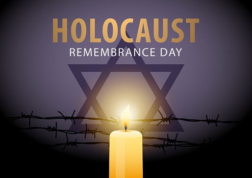 Remembering the holocaust tragedy of Jews for the International Holocaust Remembrance Day that occurred during the Second World War with barbed wire and candle igniting the black background