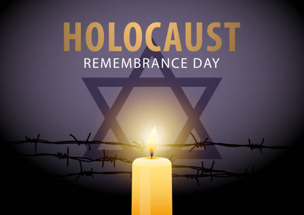 Holocaust Light Up the Darkness Remembering the holocaust tragedy of Jews for the International Holocaust Remembrance Day that occurred during the Second World War with barbed wire and candle igniting the black background nazism stock illustrations