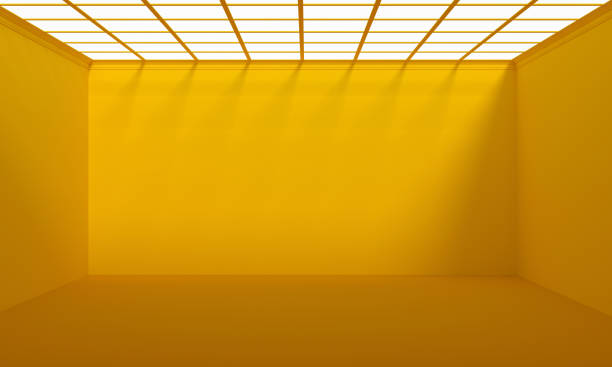 istock Futuristic empty room exhibition yellow background with light window. 1474999633