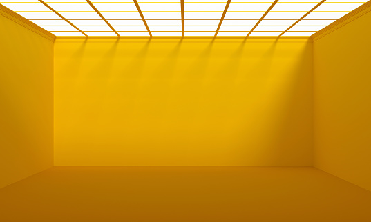 Futuristic empty room exhibition yellow background with light window. 3D rendering.
