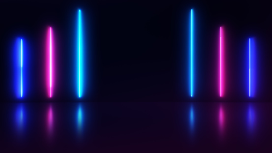 Abstract neon background with colorful beams of light with bright laser animation and reflective floor.