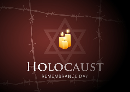 Remembering the holocaust tragedy of Jews for the International Holocaust Remembrance Day that occurred during the Second World War with barbed wire and candles igniting the red background