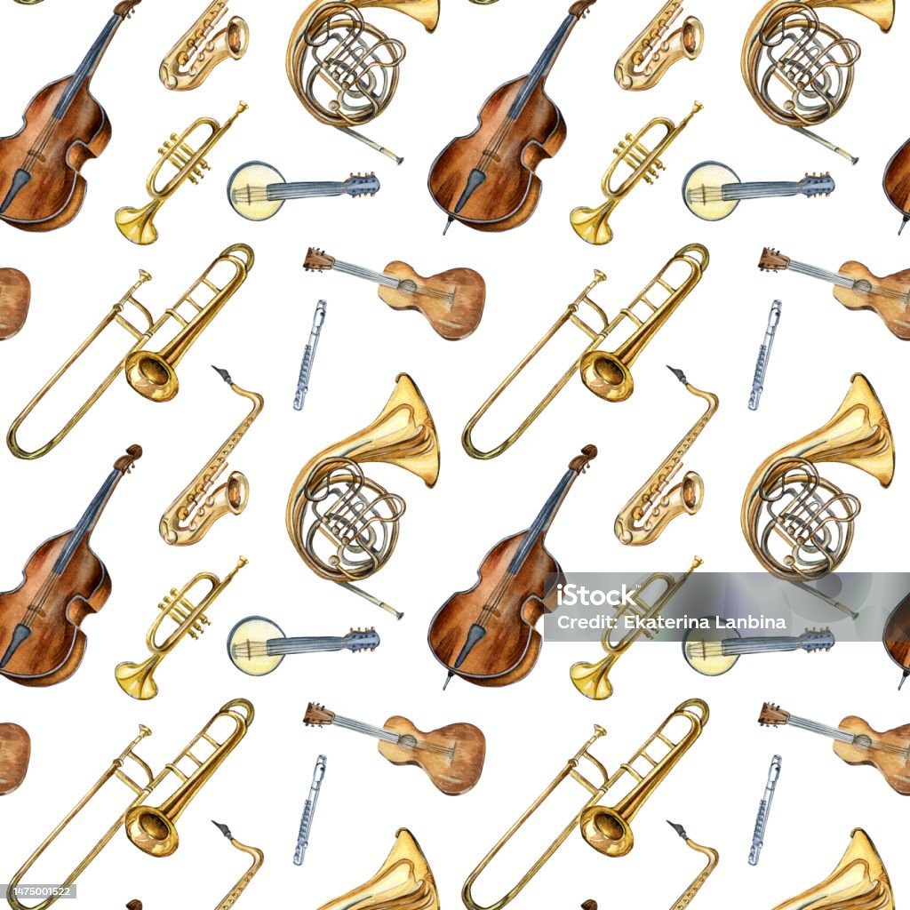 Musical Instruments Seamless Pattern Watercolor Isolated On White Stock ...