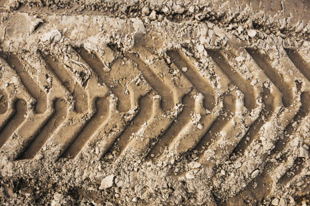 istock Sand tyre mark background. Tire track shape. Trail lines on dry brown sand pattern. Road construction site backdrop. Heavy machinery imprint. 1475001550