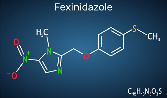 Fexinidazole molecule. It is drug used to treat African trypanosomiasis or sleeping sickness. Structural chemical formula on the dark blue background. Vector illustration