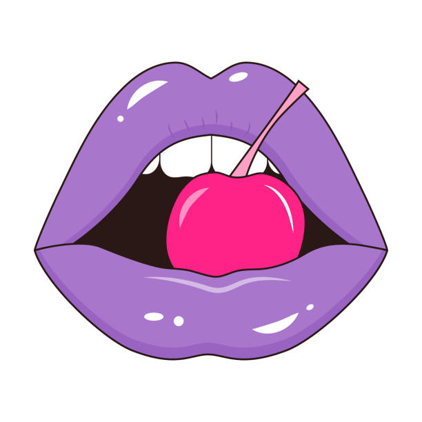 illustrazioni stock, clip art, cartoni animati e icone di tendenza di bocca lucida semiaperta con ciliegia in stile pop art. labbra sexy femminili. - pin up girl