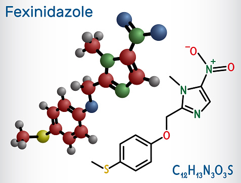 Fexinidazole molecule. It is drug used to treat African trypanosomiasis or sleeping sickness. Structural chemical formula and molecule model. Vector illustration