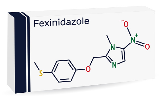 Fexinidazole molecule. It is drug used to treat African trypanosomiasis or sleeping sickness. Skeletal chemical formula. Paper packaging for drugs. Vector illustration