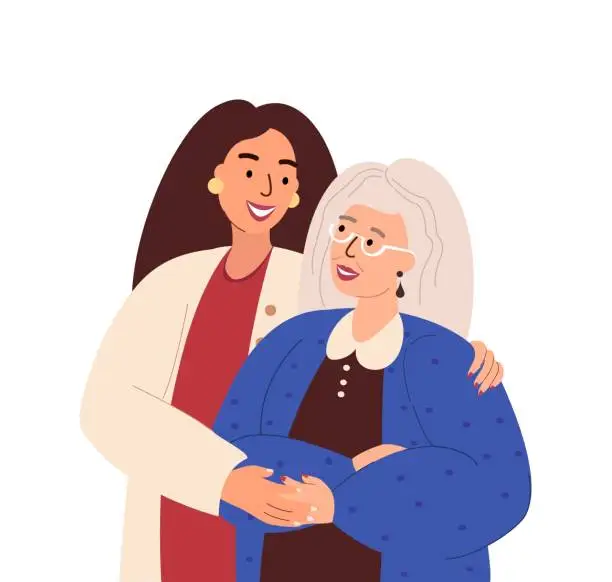 Vector illustration of Portrait of happy retired Elderly Mother and adult daughter hug each other.Adult woman embracing mature parent or grandparent isolated on white.Parent with child feeling love.Flat Vector illustration