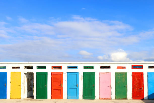 Colorful changing cabins, landmark on beach Jadrija, in Sibenik, Croatia.