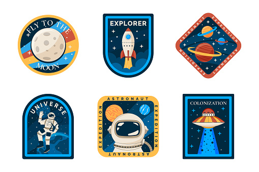 Astronaut space patch, colorful logo design, label or badge set. Boy t shirt stickers for mars mission with galaxy rocket, cartoon retro planets and stars. Vector graphic garish emblems collection
