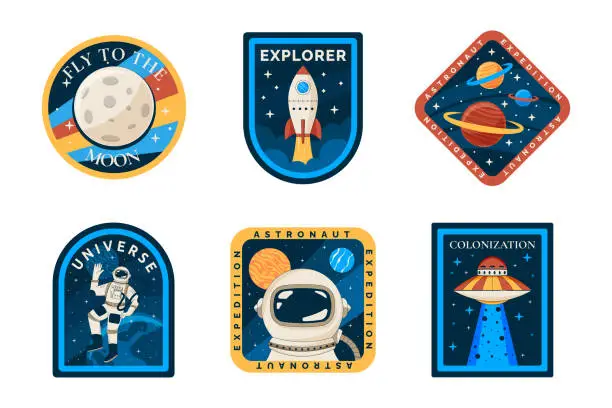 Vector illustration of Astronaut space patch, colorful logo design, label or badge set. Boy t shirt stickers for mars mission with galaxy rocket, retro planets and stars. Vector graphic garish emblems collection