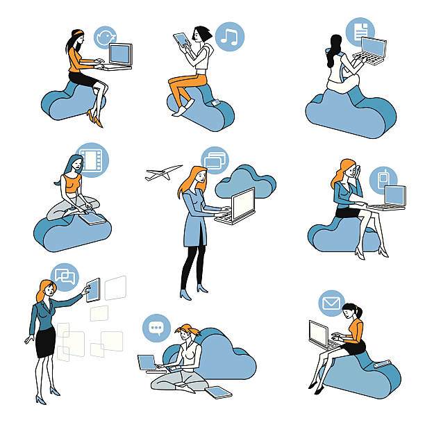 Cloud Computing Blue Girls Set Nine girls and women access to Internet data in the cloud, while they are sitting on blue clouds. Attitudes of professional work and leisure in social networks. Schematic illustrations nearly icons. satellite phone stock illustrations