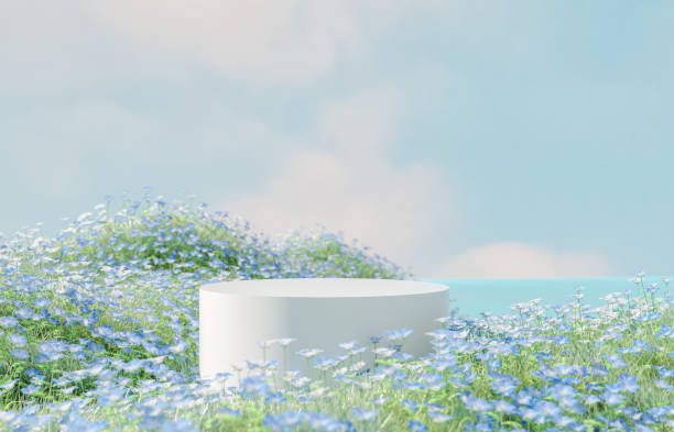 istock Natural beauty podium backdrop with spring blue flowers landscape scene. 1475006412