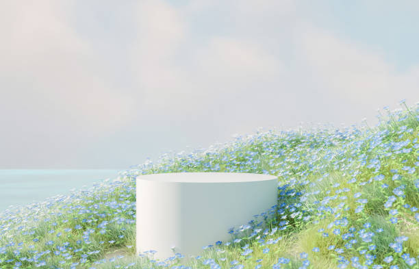 istock Natural beauty podium backdrop with spring blue flowers landscape scene. 1475006429