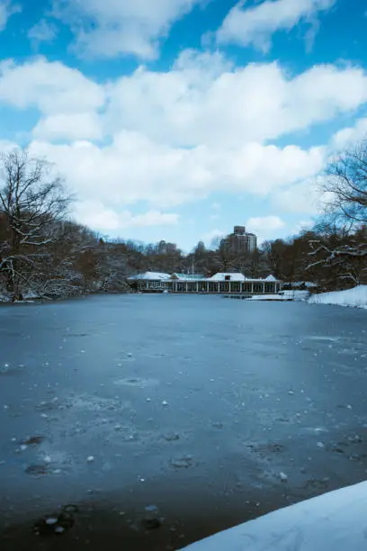 Landscape of iced lake in Central Park in winter in New York City