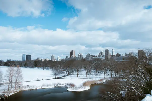 Landscape of lake of Central Park in winter