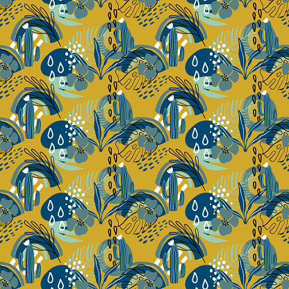 Modern seamless vector pattern. Hand drawn palm leaves, cactus, tropical plants on yellow background. Botanical illustration for wallpaper, textiles, wrapping paper. Fashion print.