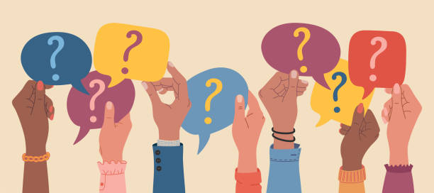 ilustrações de stock, clip art, desenhos animados e ícones de human hands holding speech bubbles with questions marks. faq and questions concept - asking