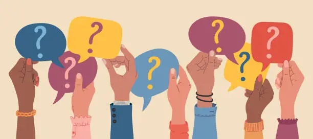 Vector illustration of Human hands holding speech bubbles with questions marks. FAQ and questions concept