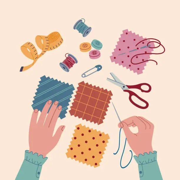 Vector illustration of Hand doing sewing or patchwork process. Creative workshop for kids