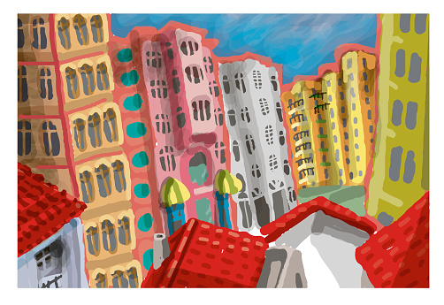 Minimalist Drawing of the City, Houses, Buildings, Neighborhood