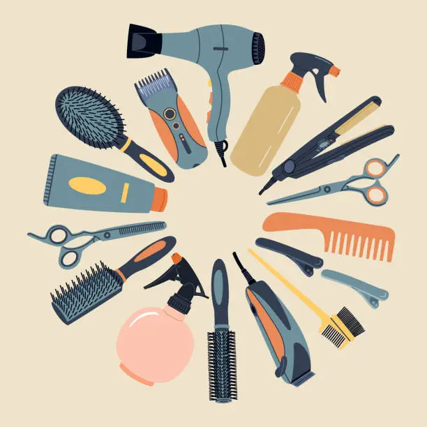 Vector illustration of Set of haircut tools and accessories. Hair dryer, hairbrush, razor, scissors and different professional tools for barbershop.