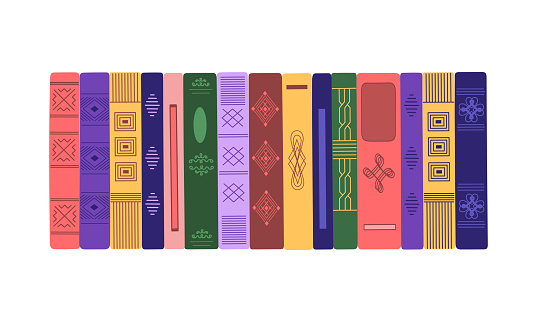 Collection of vertical standing books in colored vintage covers. Pile of different literature. Time to reading concept. Hand drawn vector illustration isolated on white background. Modern flat style.