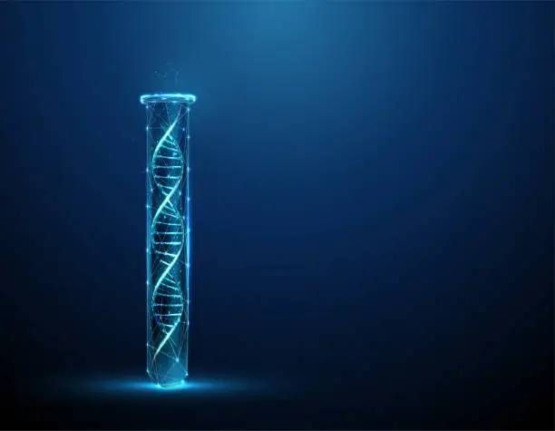 Vector illustration of Blue 3d DNA molecule helix in lab test tube